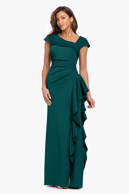 "Rory" Techno Scuba Asymmetrical Side Ruffle Dress Hunter