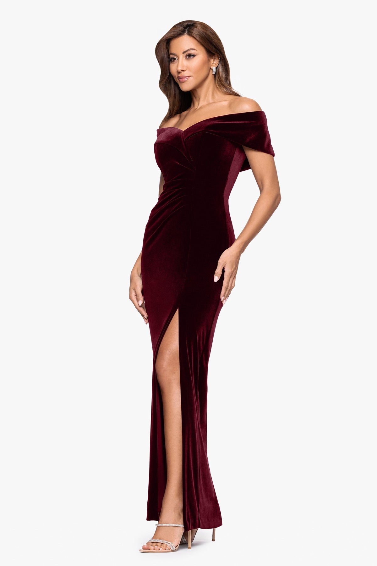 "Charmaine" Velvet Off The Shoulder Gown Burgundy