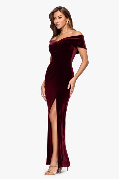 "Charmaine" Velvet Off The Shoulder Gown Burgundy
