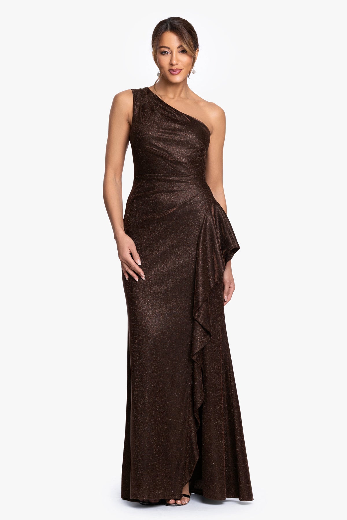 "Shannon" Galaxy Glitter One Shoulder Ruffle Dress Brown