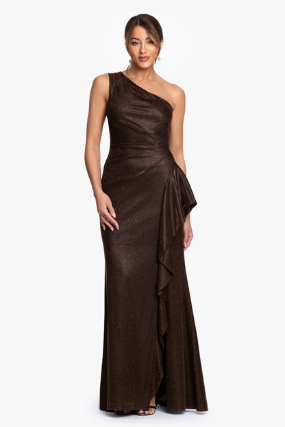 "Shannon" Galaxy Glitter One Shoulder Ruffle Dress Brown