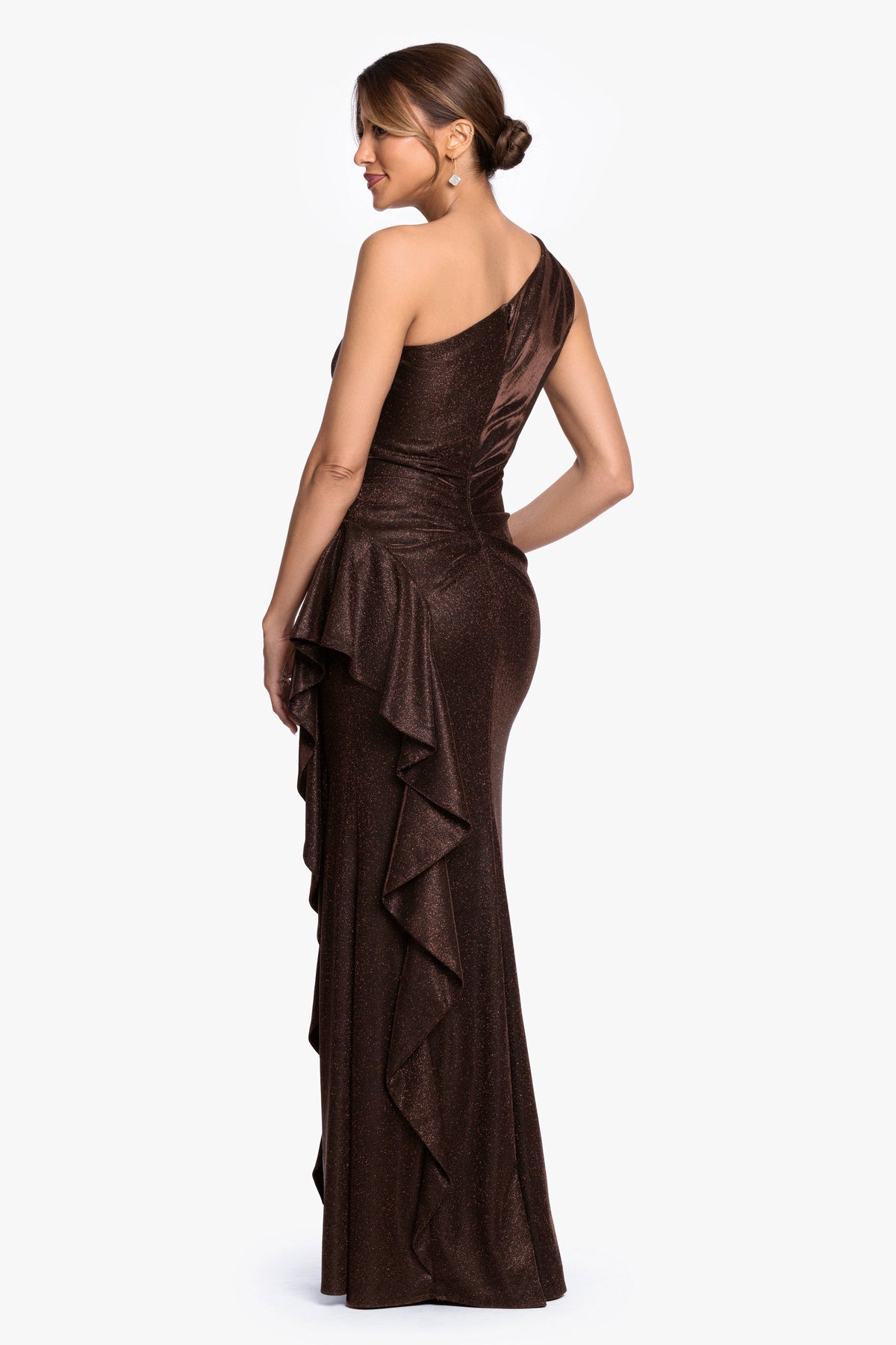 "Shannon" Galaxy Glitter One Shoulder Ruffle Dress Brown
