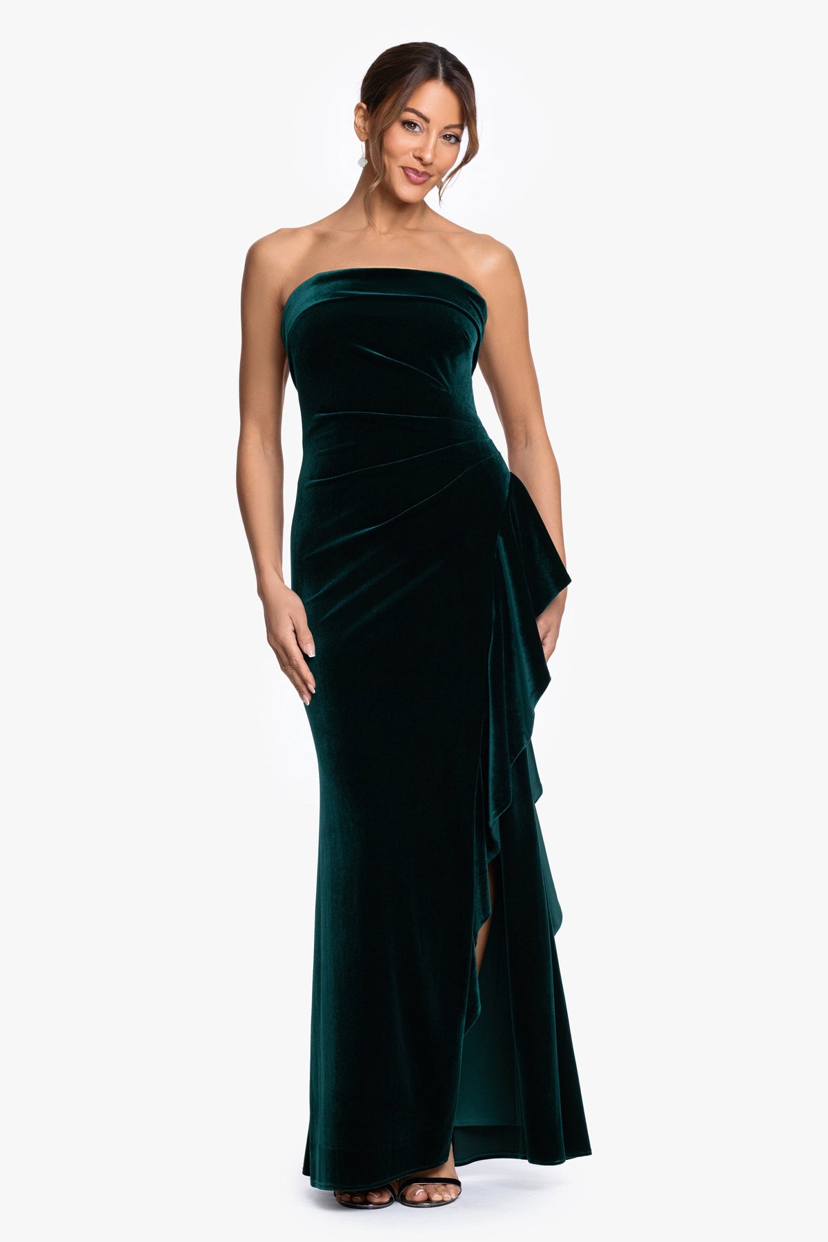 "Dillon" Stretch Velvet Strapless Dress Hunter