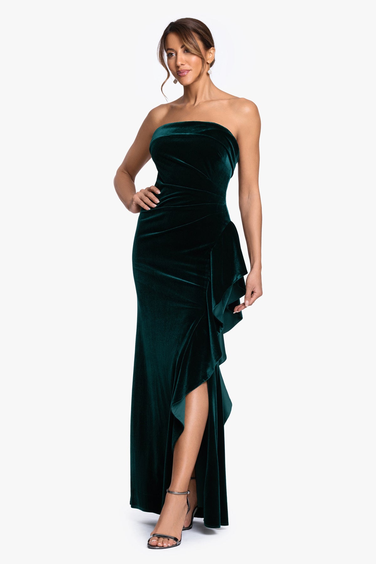 "Dillon" Stretch Velvet Strapless Dress Hunter