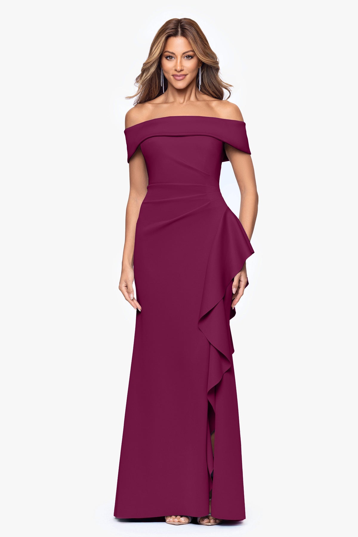 Petite "Dolly" Techno Scuba Off the Shoulder Ruffle Dress Raisin