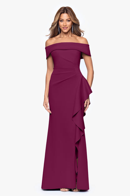 Petite "Dolly" Techno Scuba Off the Shoulder Ruffle Dress Raisin