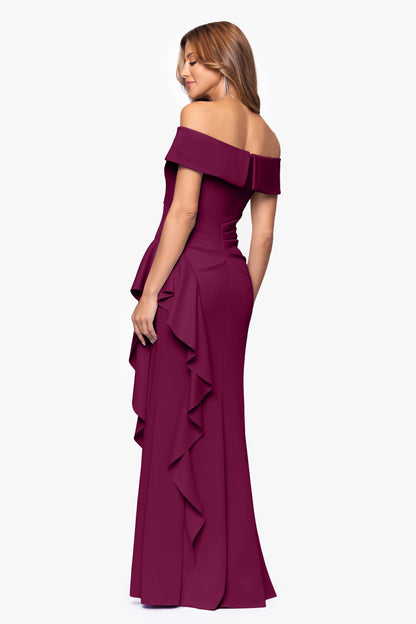 Petite "Dolly" Techno Scuba Off the Shoulder Ruffle Dress Raisin