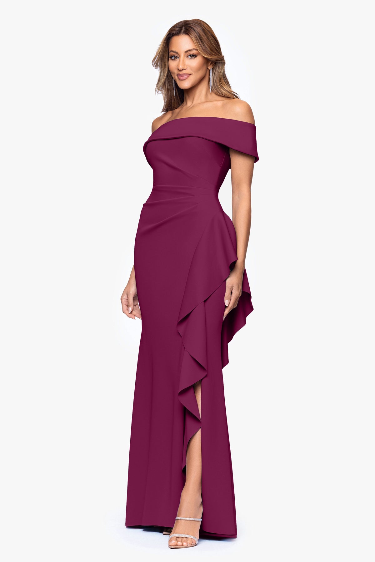 Petite "Dolly" Techno Scuba Off the Shoulder Ruffle Dress Raisin