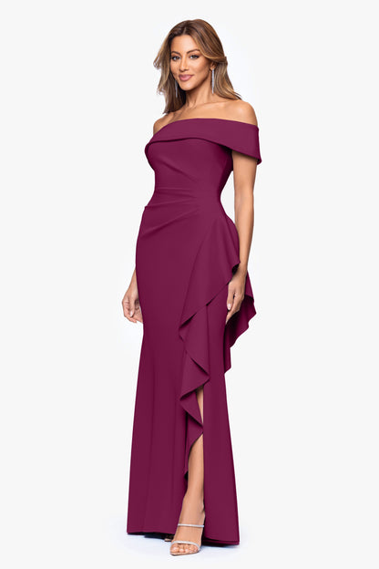 Petite "Dolly" Techno Scuba Off the Shoulder Ruffle Dress Raisin