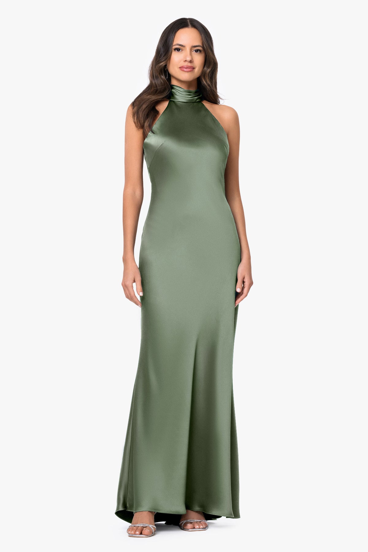 Petite "Ruth" Satin High Tie Neck Backless Dress Olive
