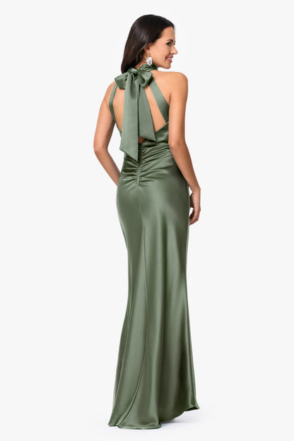 Petite "Ruth" Satin High Tie Neck Backless Dress Olive