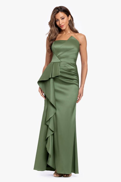 "Effie" Mikado Asymmetrical Strapless Dress Olive