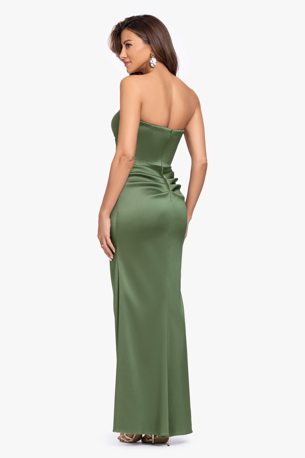 "Effie" Mikado Asymmetrical Strapless Dress Olive