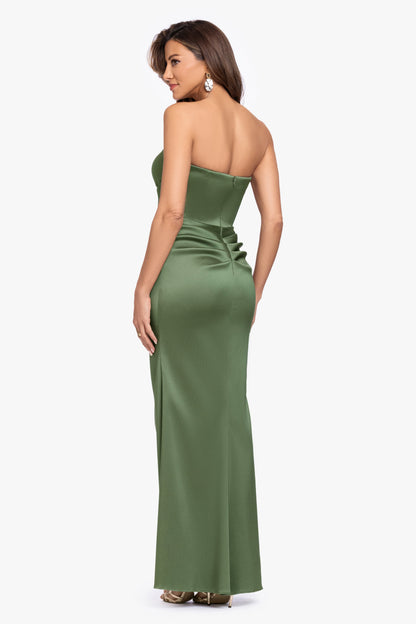 "Effie" Mikado Asymmetrical Strapless Dress Olive