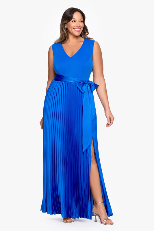 Plus "Cypress" Techno Scuba & Satin Pleated Tie Skirt Dress Cobalt