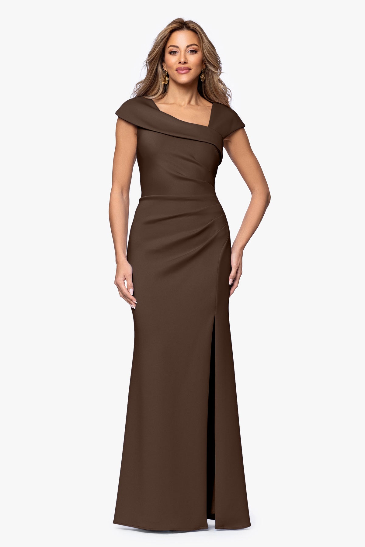 "Lenore" Techno Scuba Asymmetrical Neckline Dress Brown