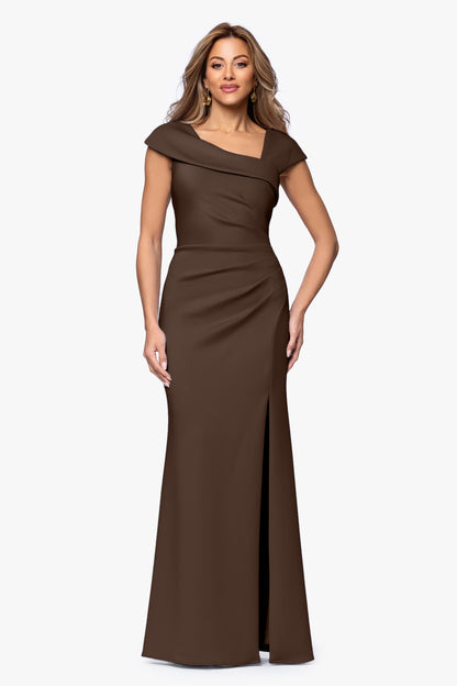 "Lenore" Techno Scuba Asymmetrical Neckline Dress Brown