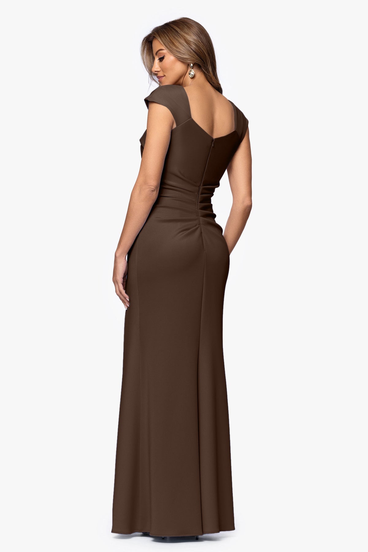 "Lenore" Techno Scuba Asymmetrical Neckline Dress Brown