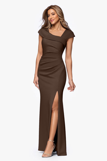 "Lenore" Techno Scuba Asymmetrical Neckline Dress Brown