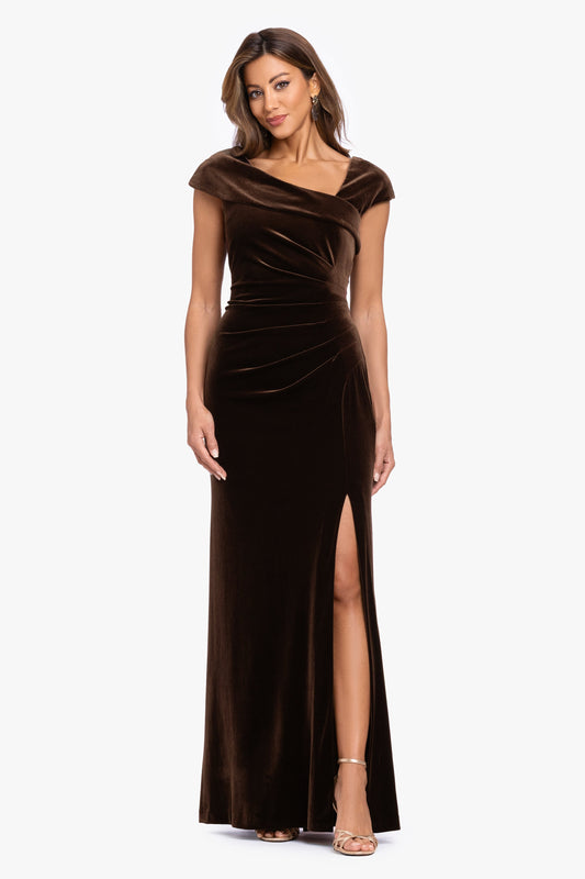 "Katrina" Velvet Asymmetrical Neckline Cap Sleeve Dress Brown