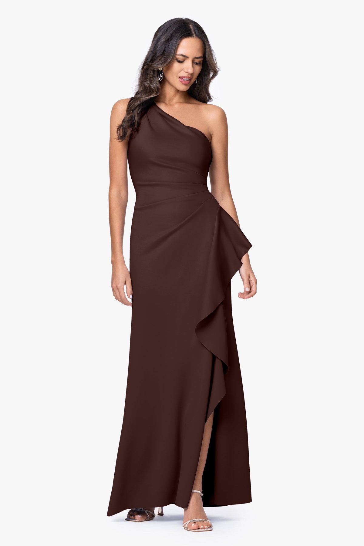 "Flo" Long Techno Scuba One Shoulder Ruffle Dress Brown
