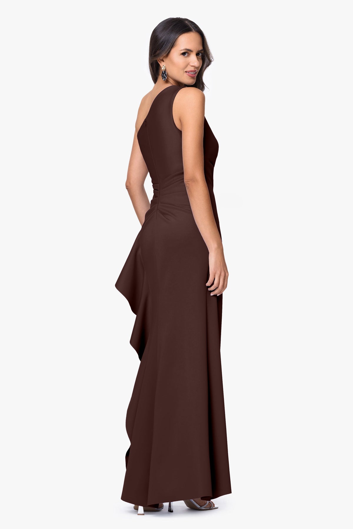 "Flo" Long Techno Scuba One Shoulder Ruffle Dress Brown