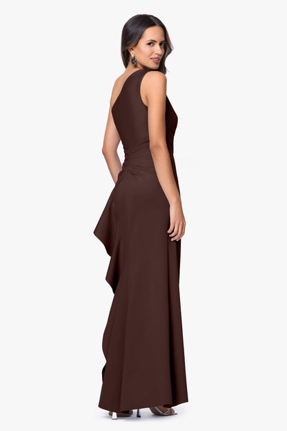 "Flo" Long Techno Scuba One Shoulder Ruffle Dress Brown
