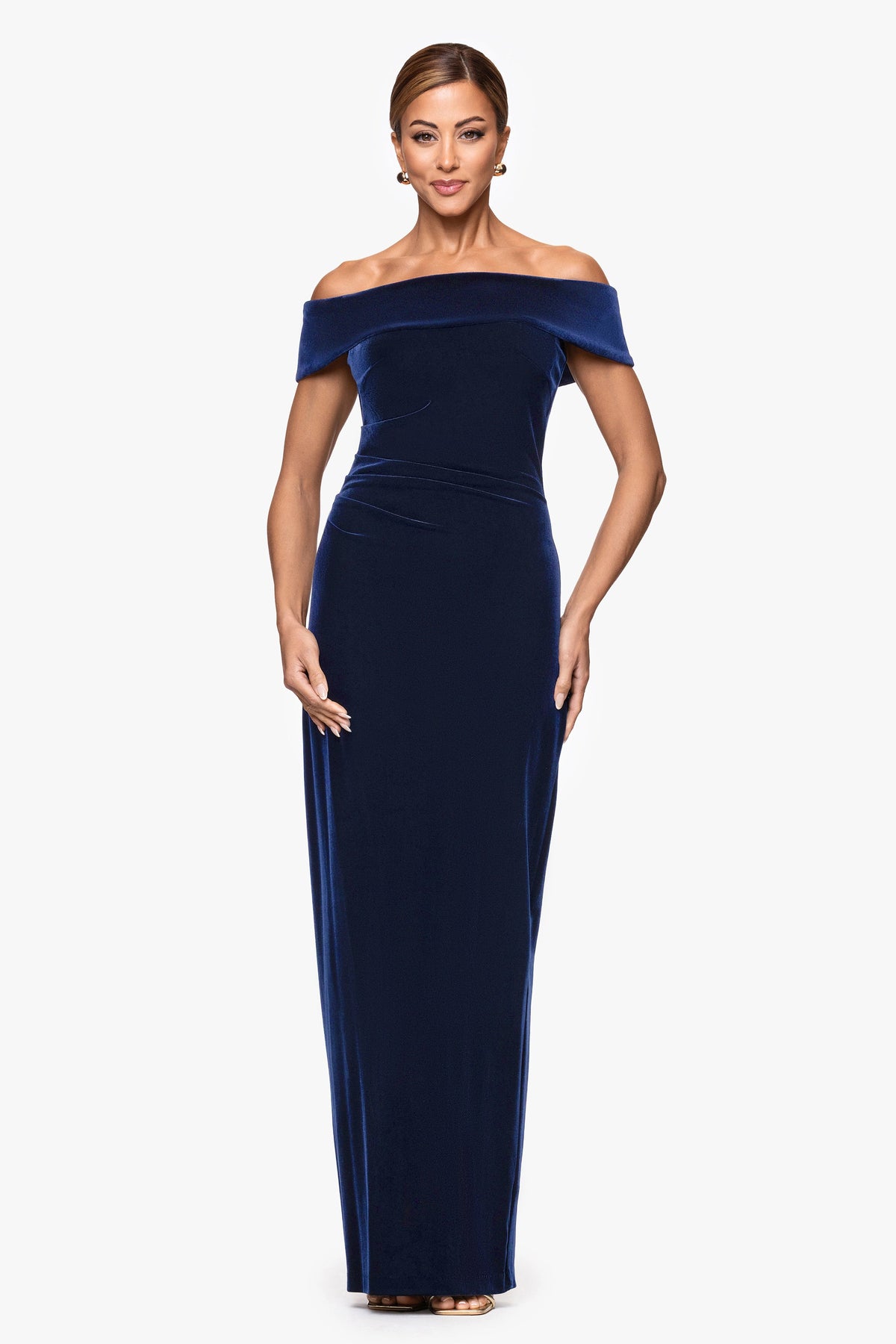 "Lori" Velvet Off The Shoulder Ruched Dress Navy