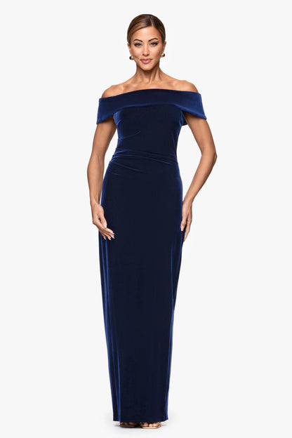"Lori" Velvet Off The Shoulder Ruched Dress Navy