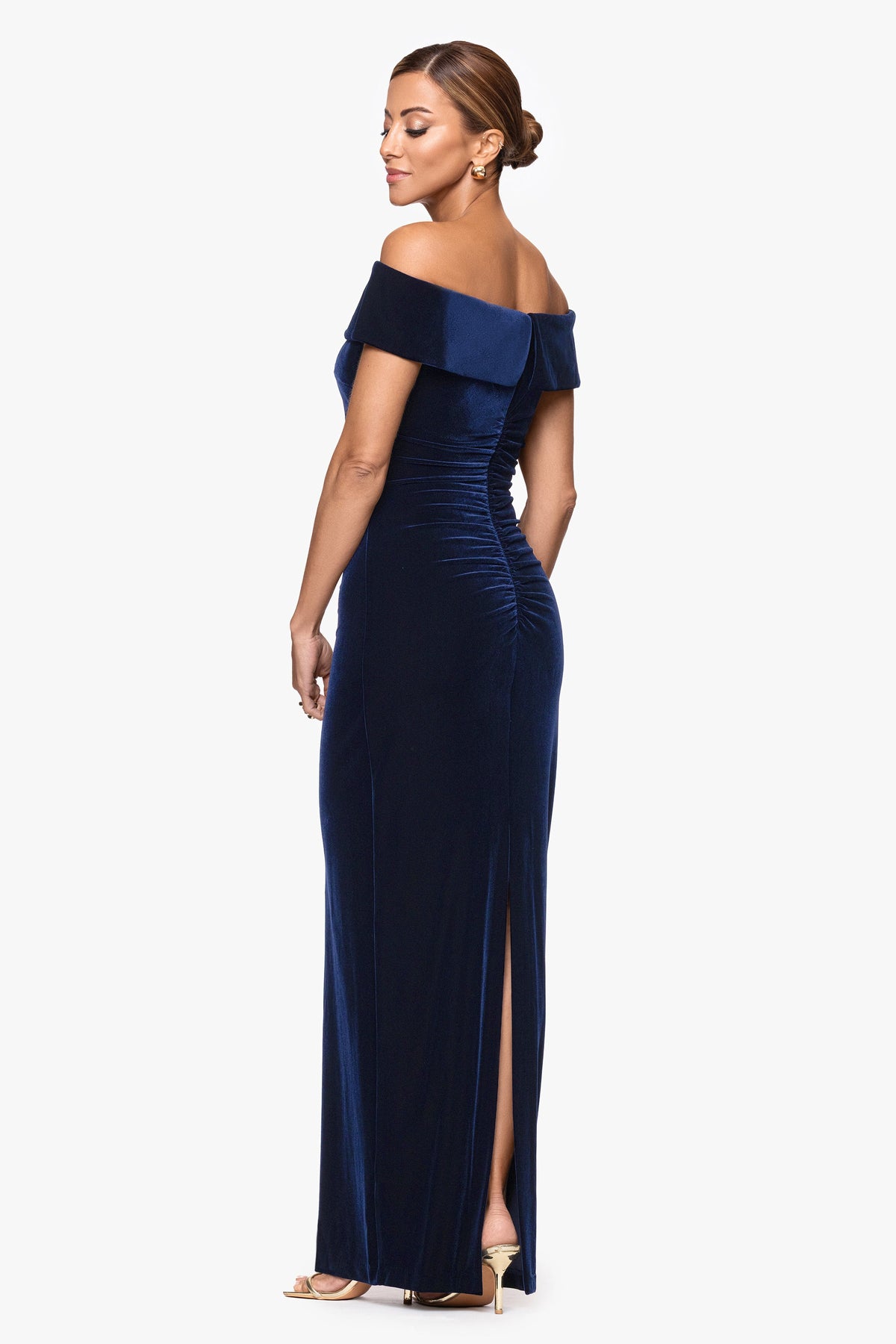"Lori" Velvet Off The Shoulder Ruched Dress Navy