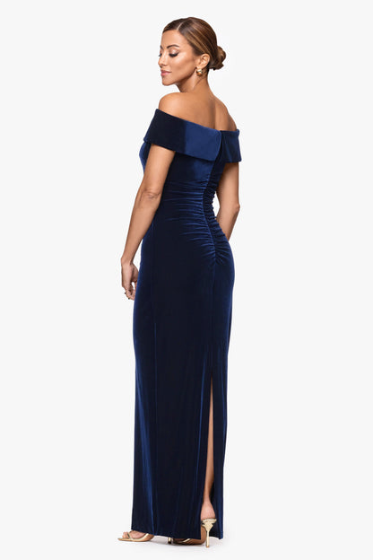 "Lori" Velvet Off The Shoulder Ruched Dress Navy