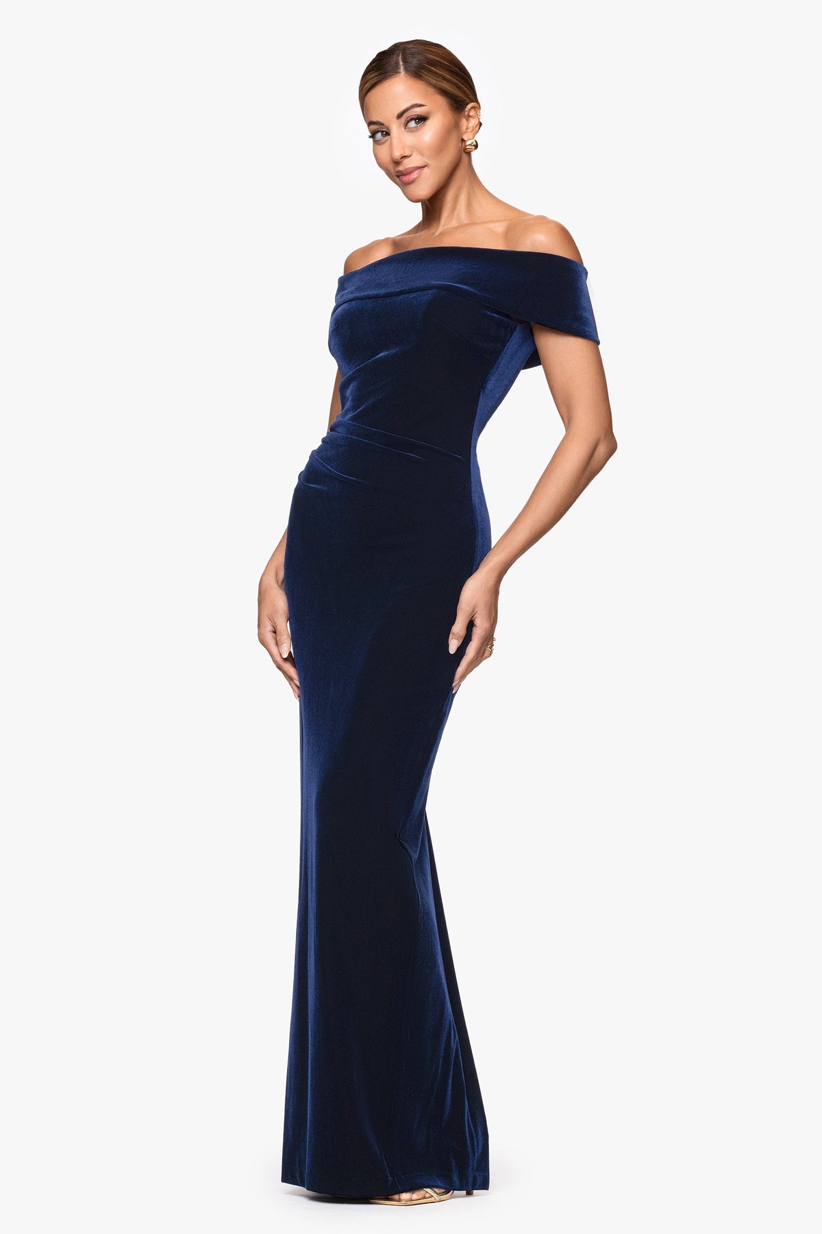 "Lori" Velvet Off The Shoulder Ruched Dress Navy