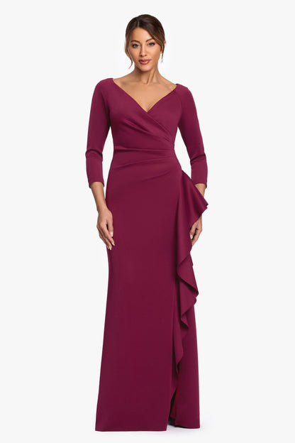 "Clarissa" Techno Scuba Long Sleeve Ruffle Dress Wine