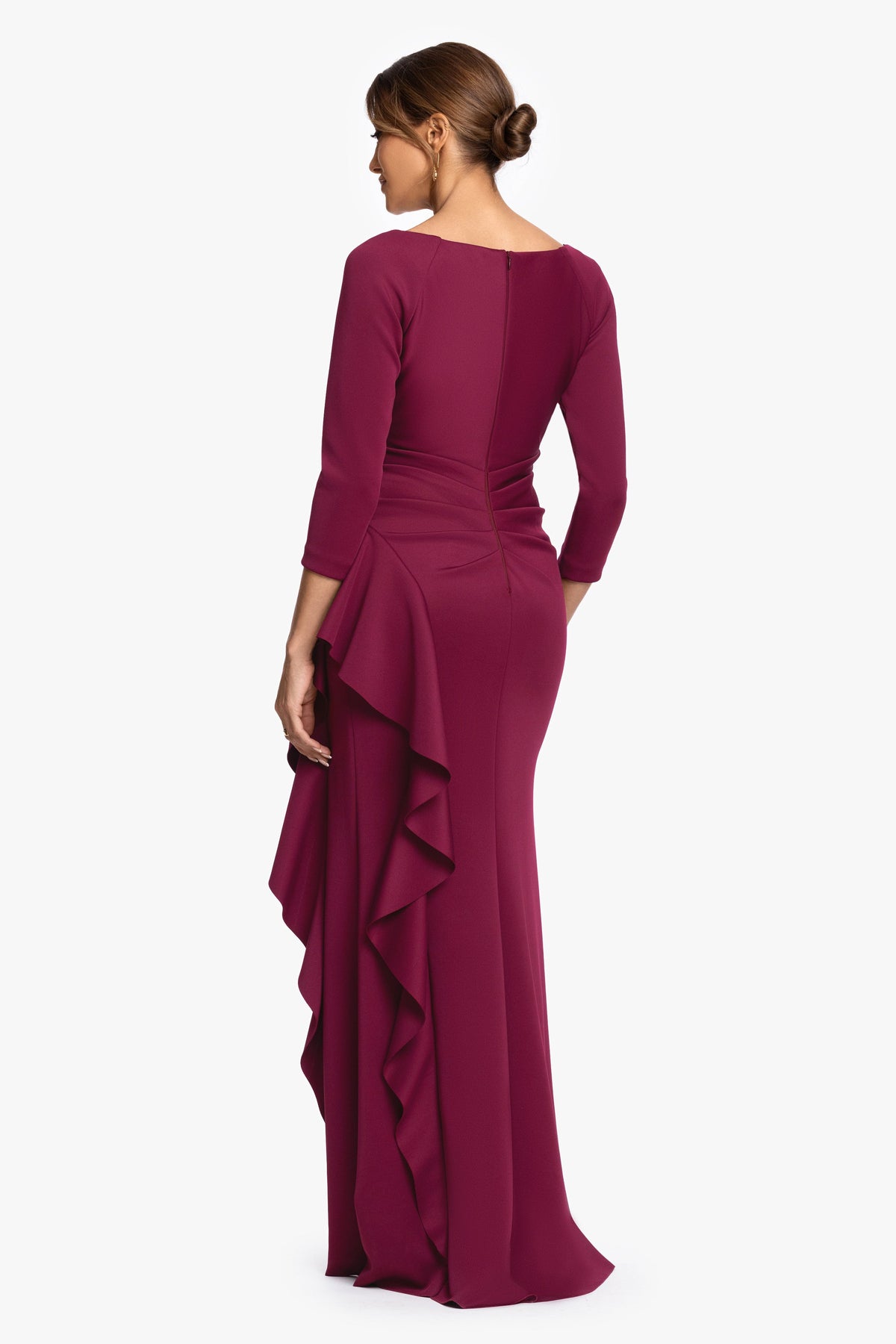 "Clarissa" Techno Scuba Long Sleeve Ruffle Dress Wine