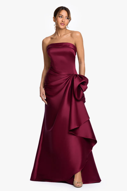"Diana" Mikado Strapless Rouched Dress Wine