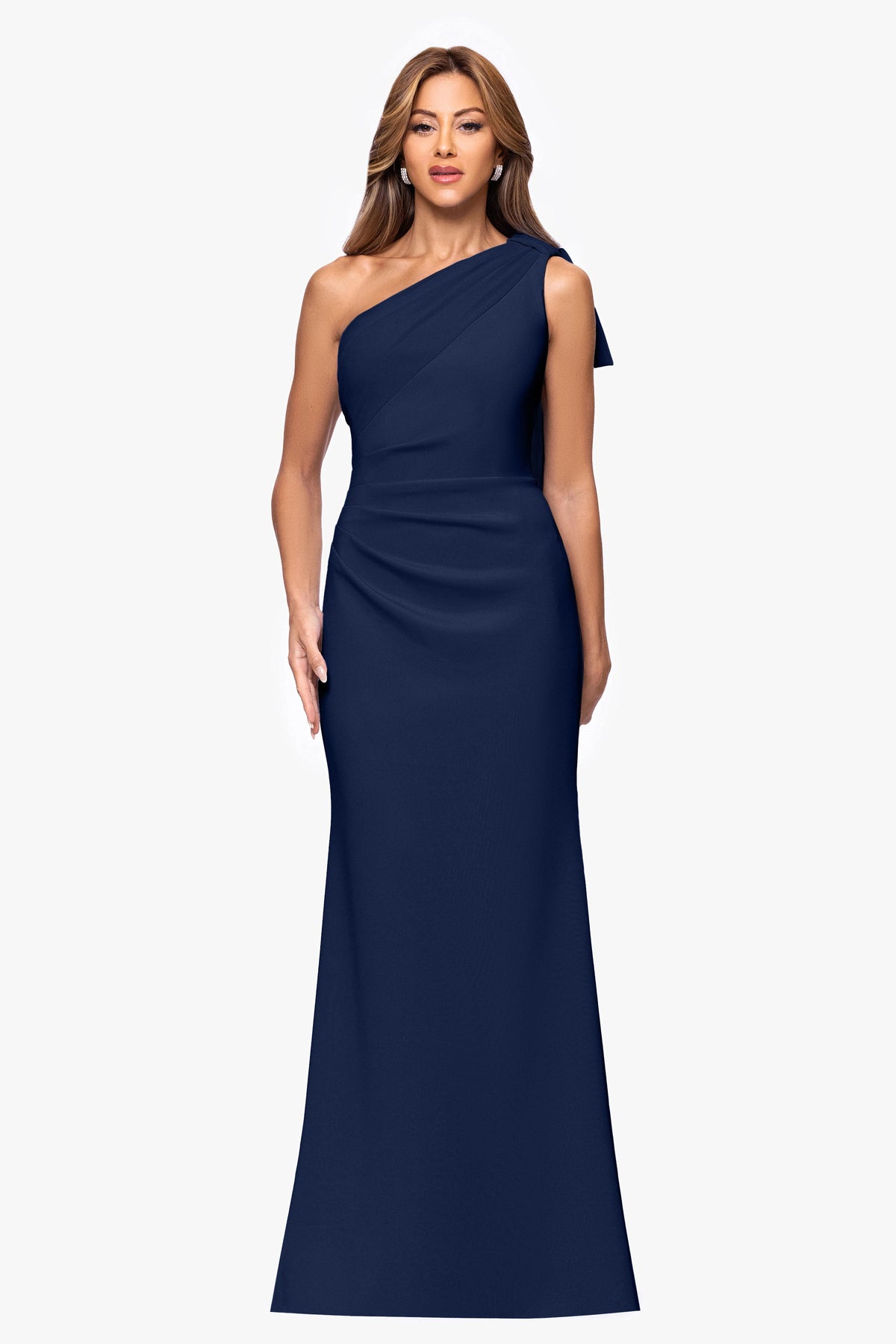 "Gwen" Techno Scuba One Shoulder Sash Dress Midnight