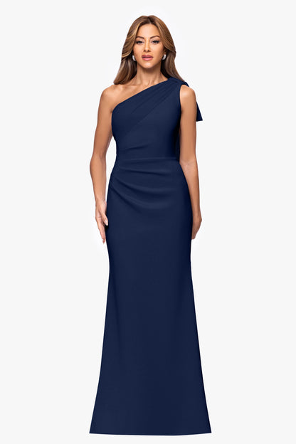 "Gwen" Techno Scuba One Shoulder Sash Dress Midnight