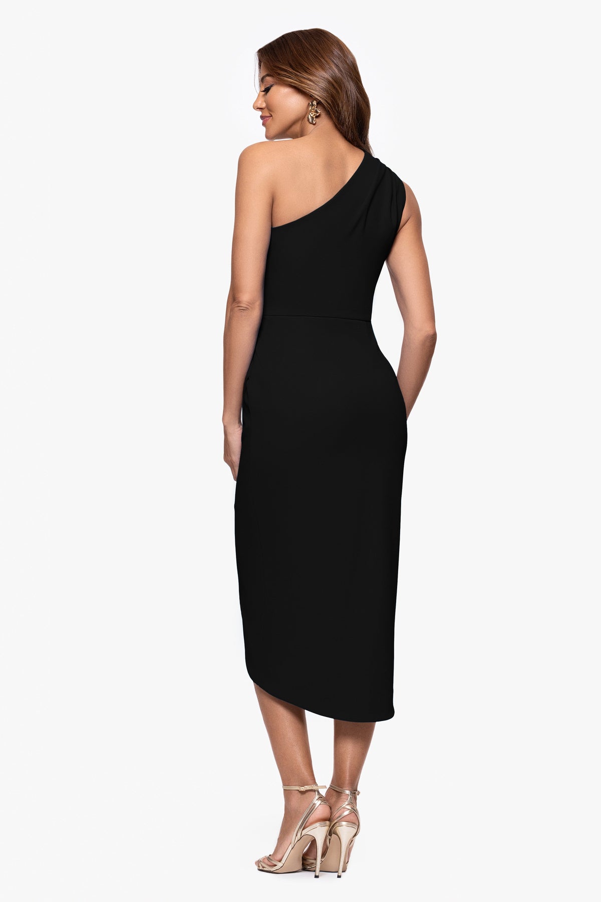 "Dakota" Scuba Crepe One Shoulder Ruched Short Dress Black
