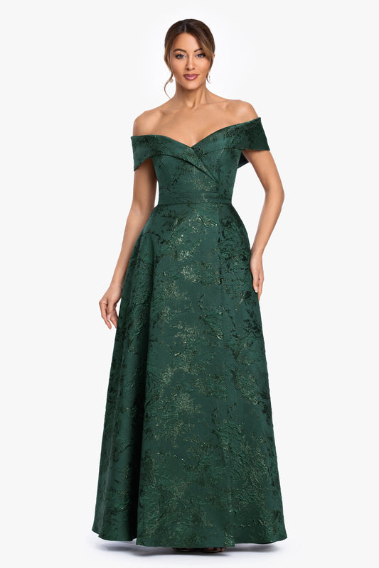 Petite "Daphne" Brocade Off Shoulder Dress Dark Green