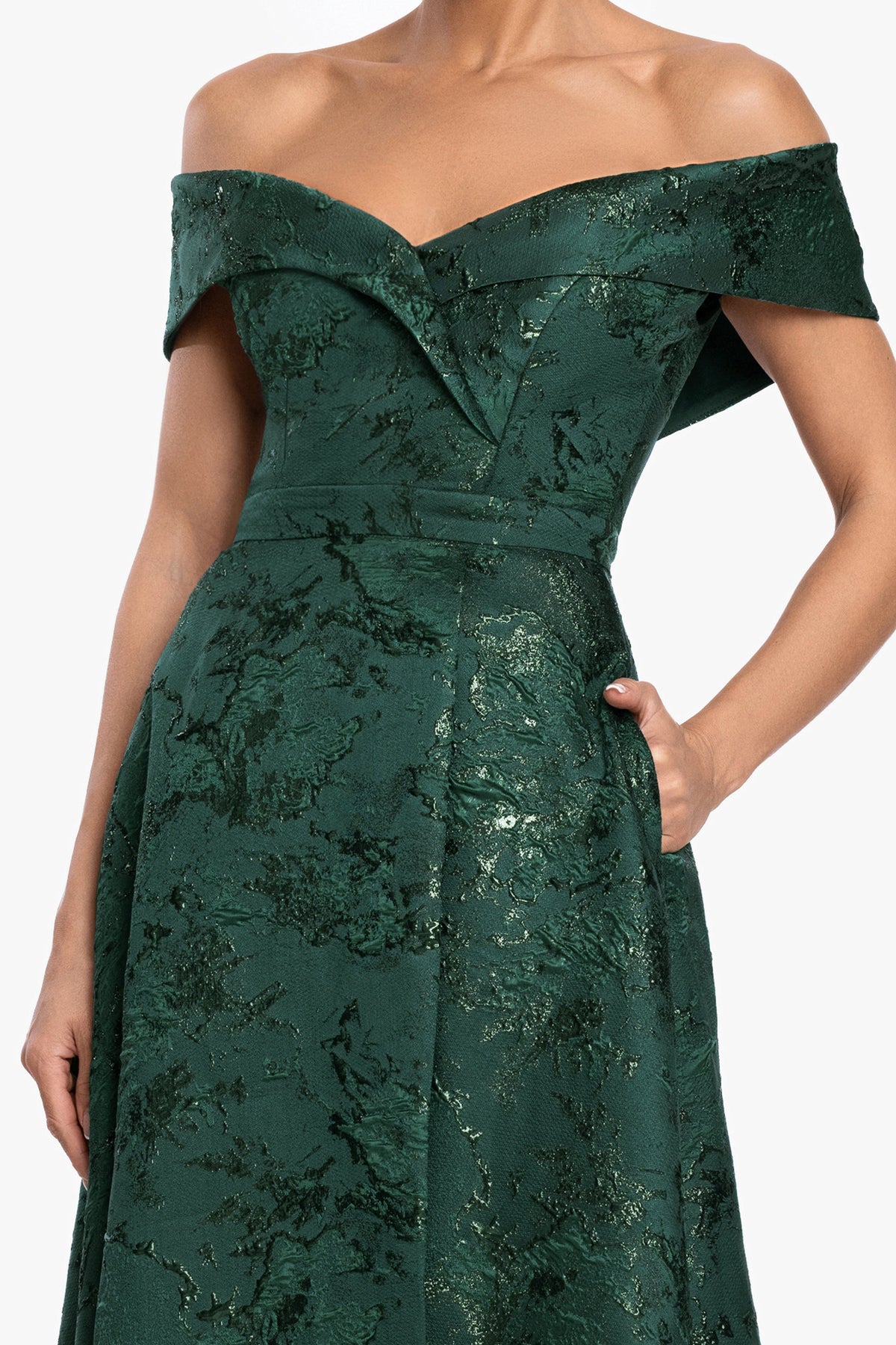 Petite "Daphne" Brocade Off Shoulder Dress Dark Green