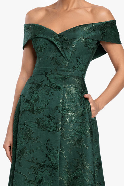 Petite "Daphne" Brocade Off Shoulder Dress Dark Green