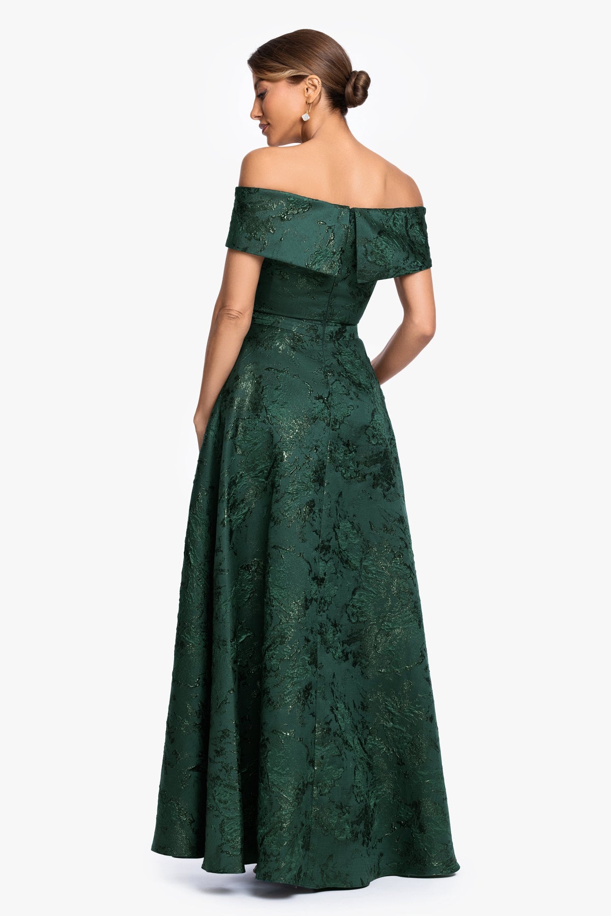 Petite "Daphne" Brocade Off Shoulder Dress Dark Green