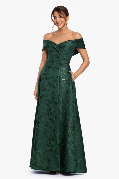 Petite "Daphne" Brocade Off Shoulder Dress Dark Green
