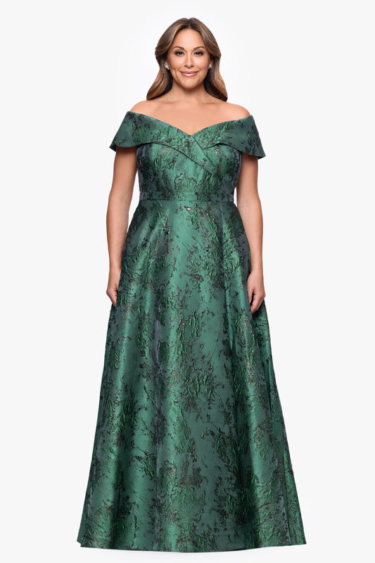 Plus "Daphne" Brocade Off Shoulder Dress Dark Green