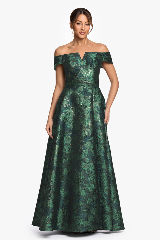 "Esther" Printed Brocade Off The Shoulder Gown Green/Gold