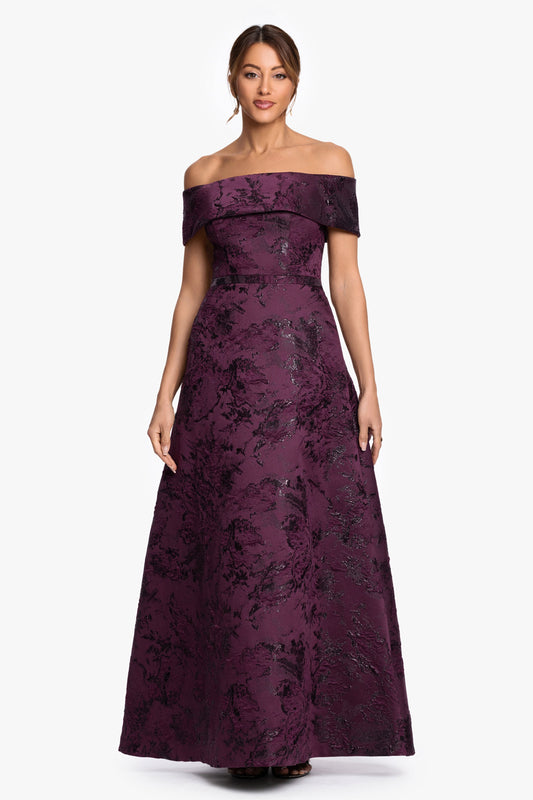 "Emily" Printed Brocade Off The Shoulder Gown Plum