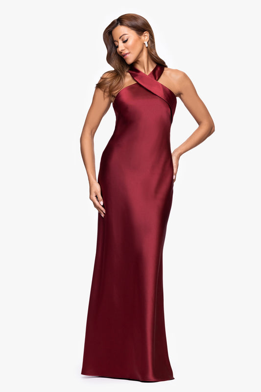 "Francesca" Satin Halter Tie Neck Dress Wine
