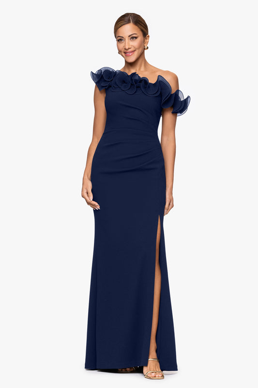 "Delilah" Scuba Crepe Drop Shoulder Chiffon Ruffle Dress Navy