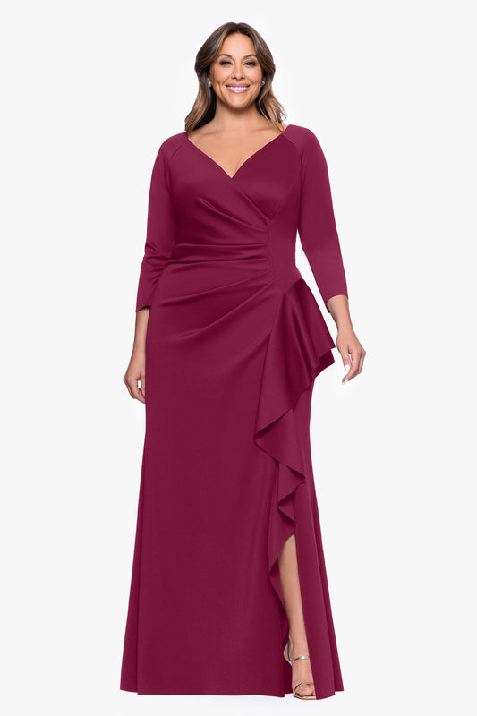 Plus "Amber" Techno Scuba 3/4 Sleeve V-Neck Ruffle Dress Wine