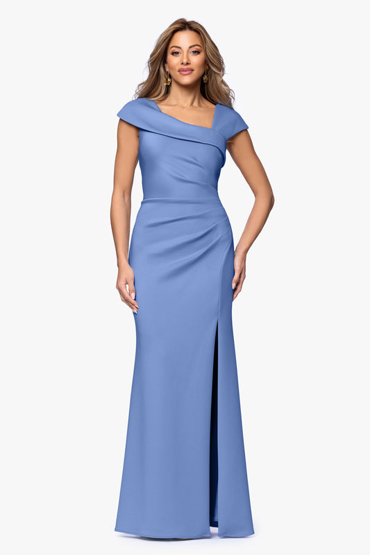 Petite "Lenore" Techno Scuba Asymmetrical Neckline Dress Slate